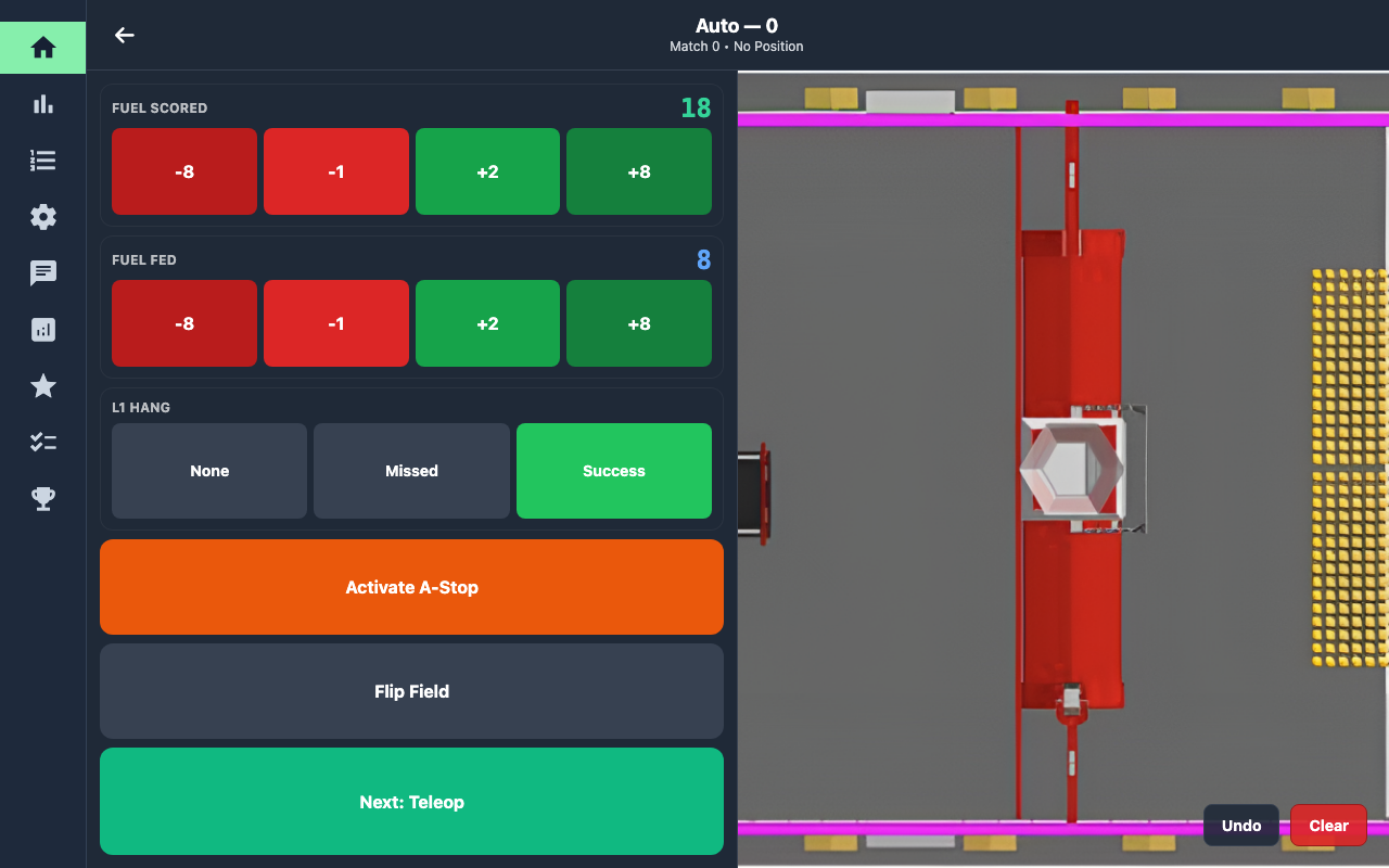 The Auto scouting screen in dark mode: fuel scored and fed counters, an L1 hang selector, and the field image