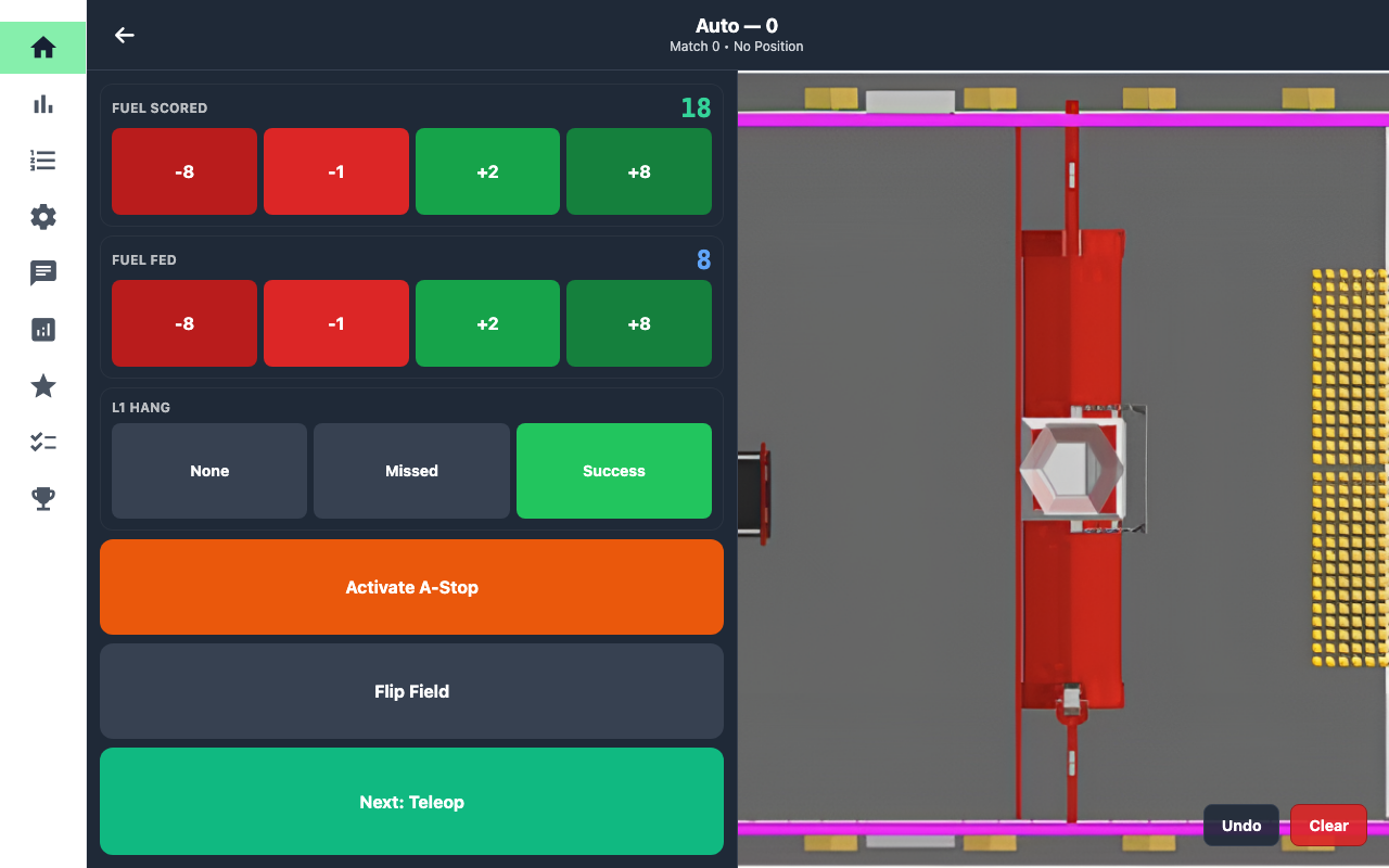The Auto scouting screen in light mode with counters filled in