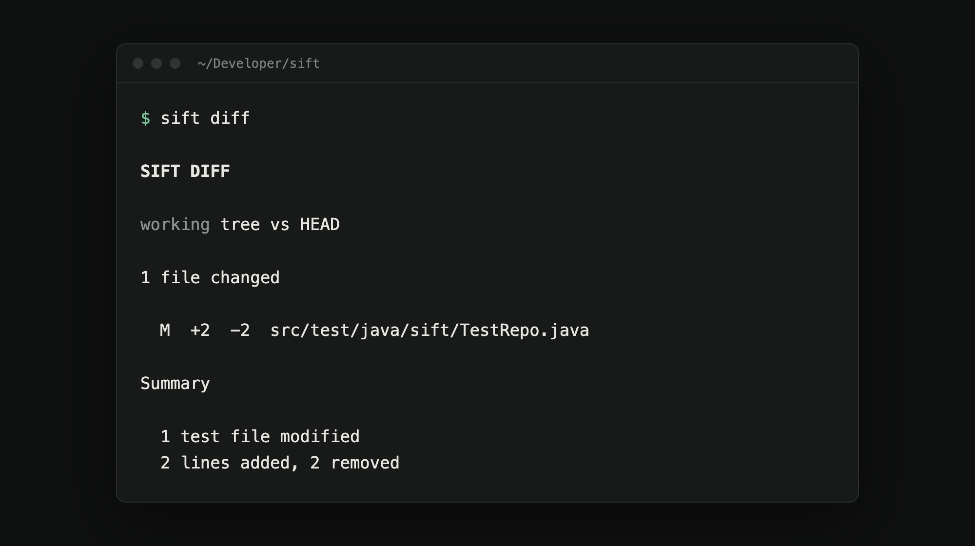 sift diff summarising one modified test file with two lines added and two removed