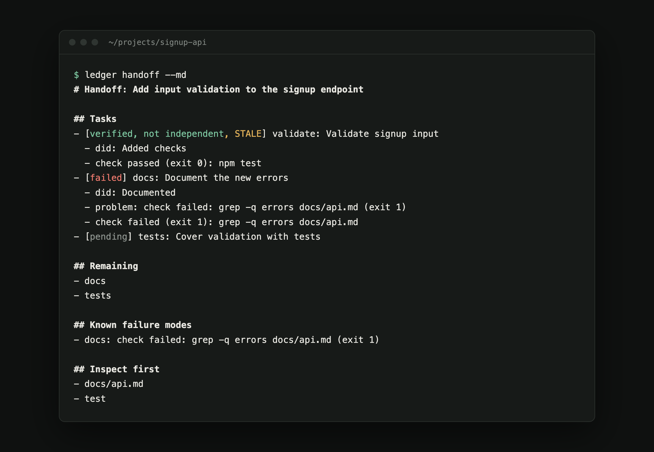 A generated handoff in Markdown listing each task's state, what remains, known failure modes, and what to inspect first