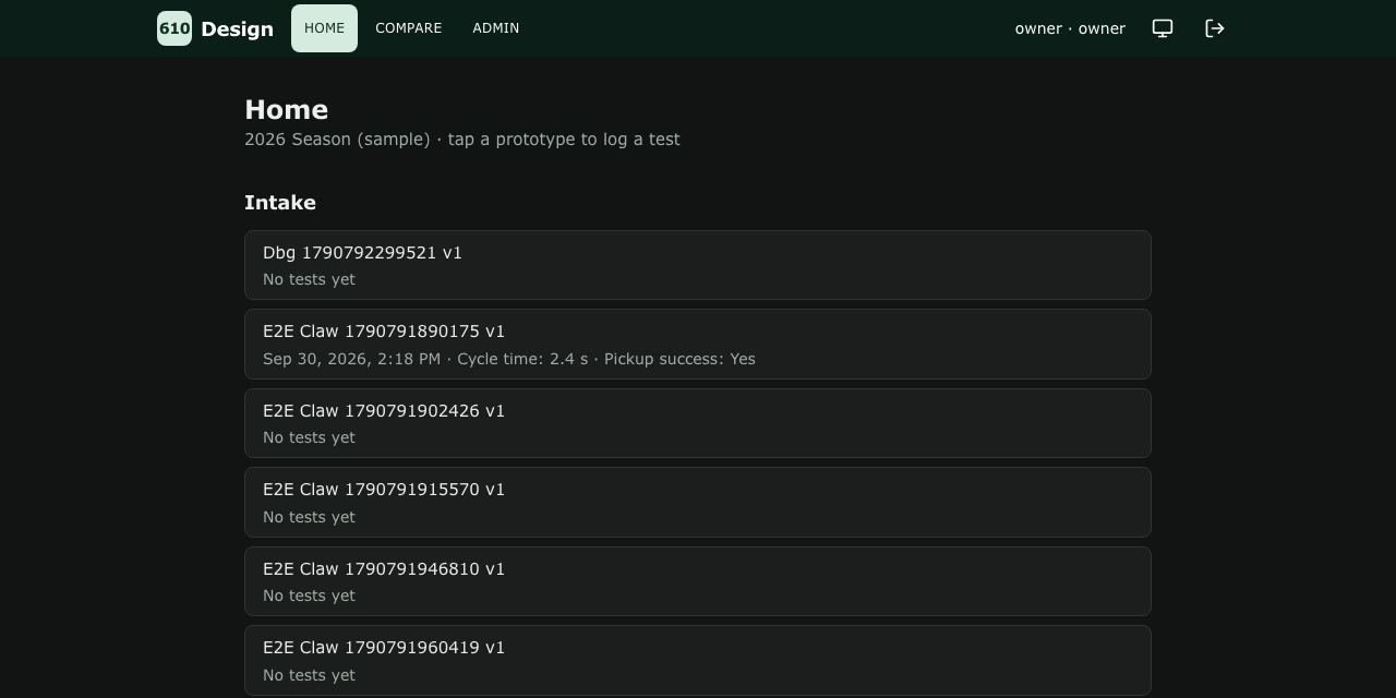 The home page listing the season's prototypes with their latest test results