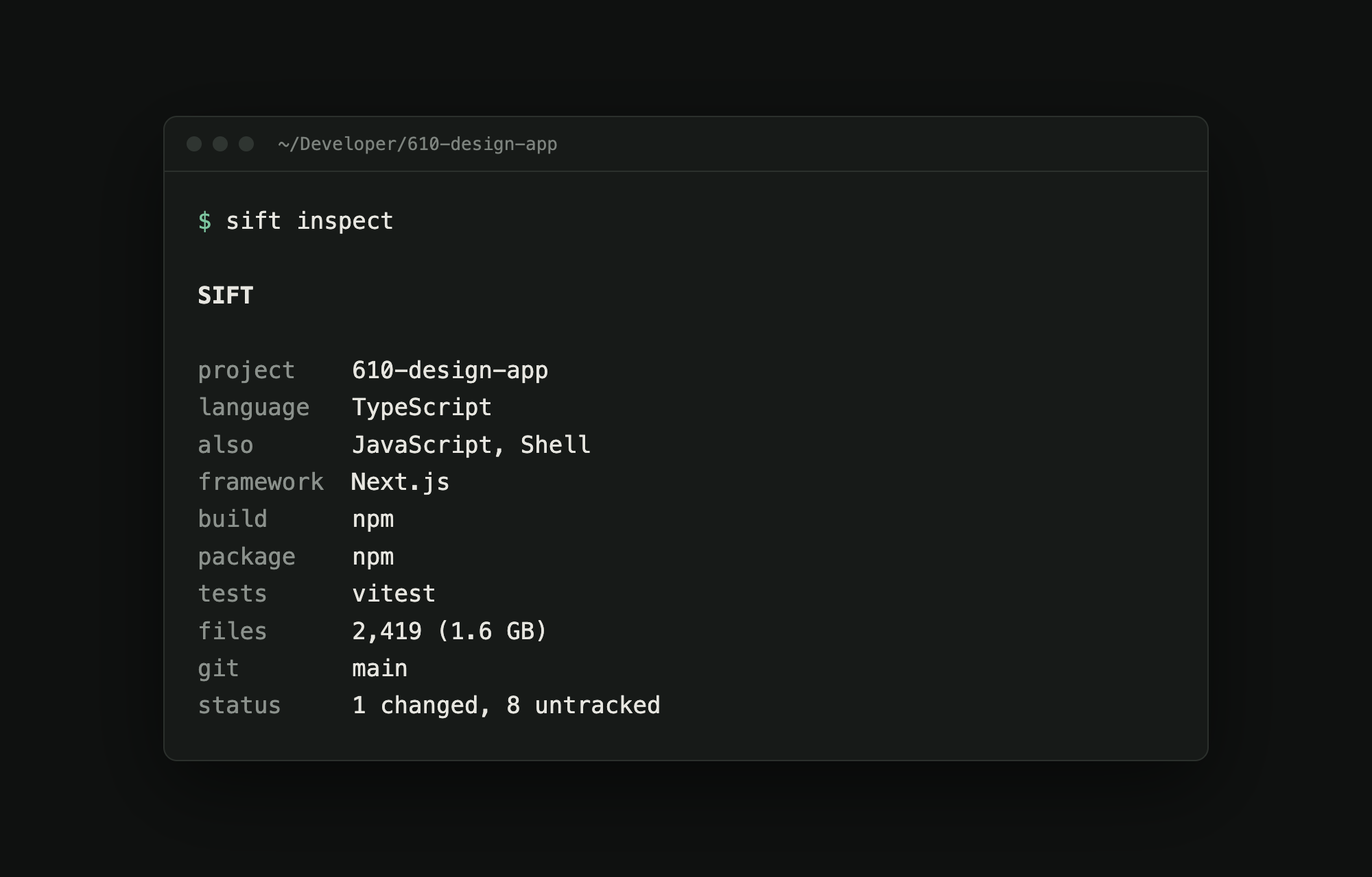 sift inspect on a Next.js project: language, framework, build tool, test runner, and git state