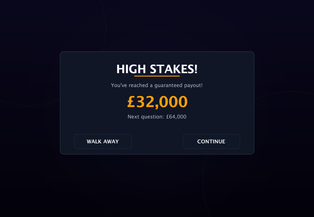 The play-or-walk decision at £32,000, with Walk Away and Continue buttons