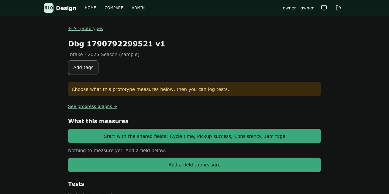 A prototype's page showing what it measures and its logged tests