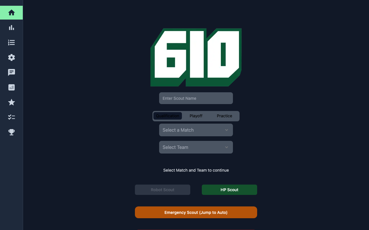 The scout home screen in dark mode with the 610 logo, scout name, and match and team pickers