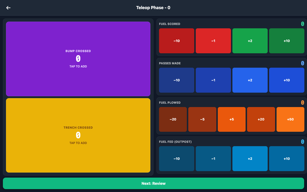 The Teleop screen in dark mode: tap counters for fuel scored, passes, plowed and fed, plus bump and trench crossings