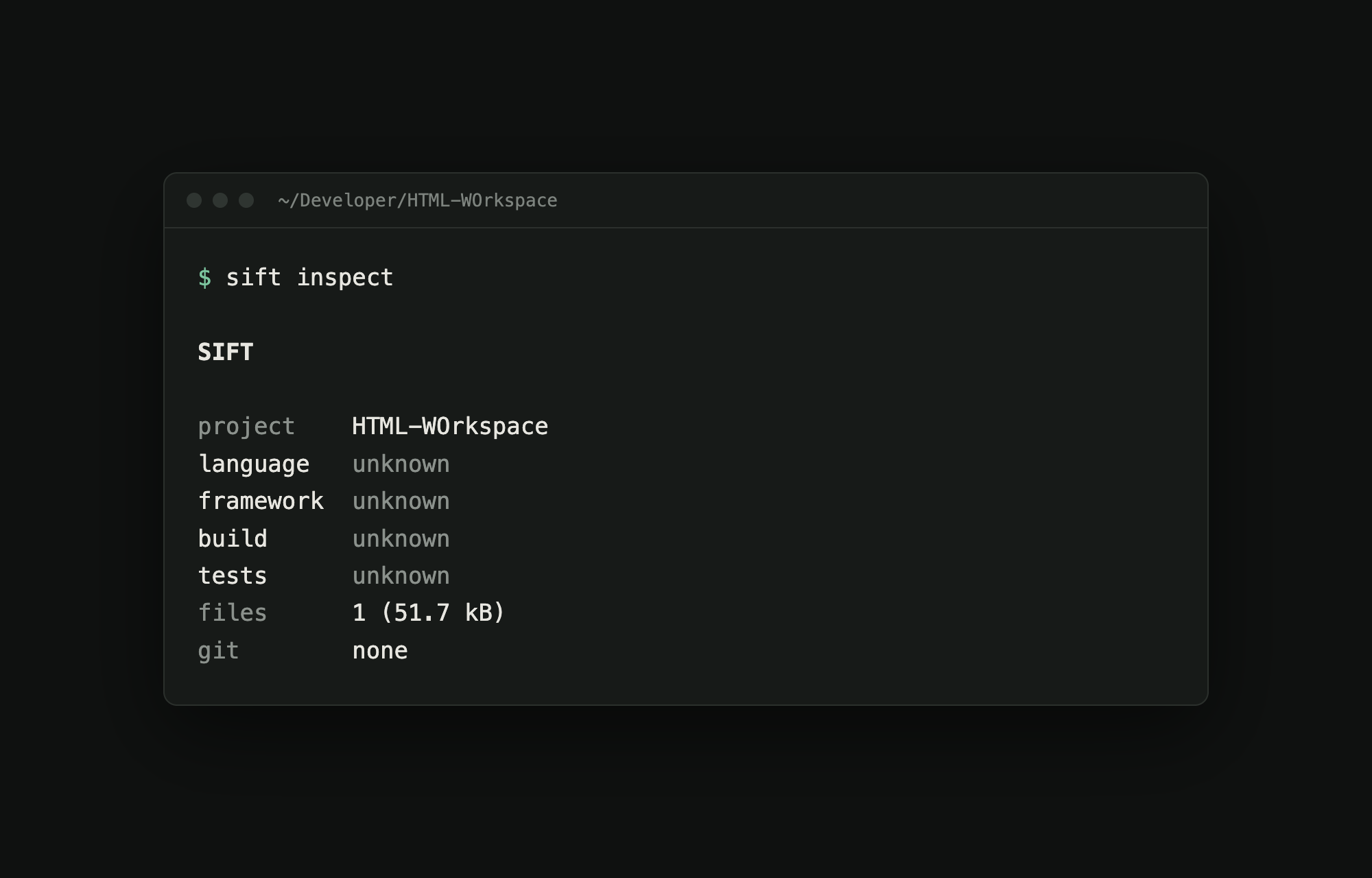 sift inspect on a folder it can't identify, reporting unknown for language, build, and tests
