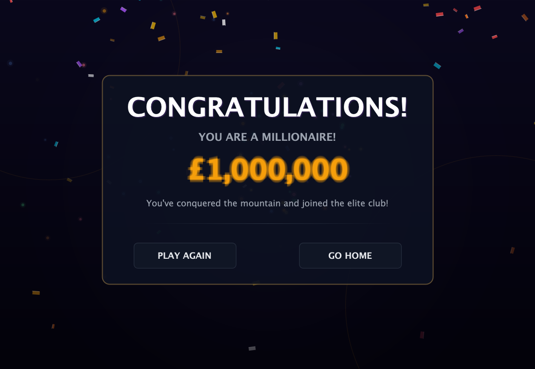 The £1,000,000 win screen with confetti falling